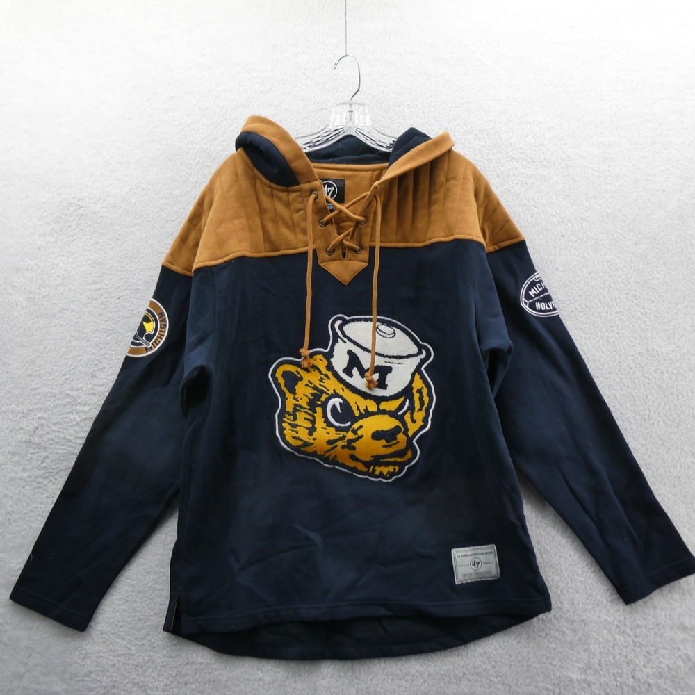 47 Brand Hoodie Mens Medium Michigan Wolverines Navy Blue Lace Up Quilted Patch